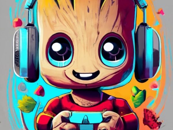 Text “sebastián” in modern typography, marvel baby groot gamer on a red t-shirt design png file