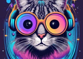 the cat and its music. Cosmic environment. Mystic. T-shirt design PNG File