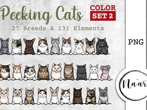 Peeking cats, 27 breeds & 131 elements, color set 2 t shirt illustration