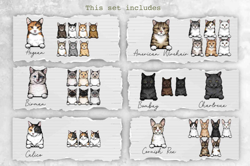 Peeking Cats, 27 Breeds & 131 Elements, Color Set 2