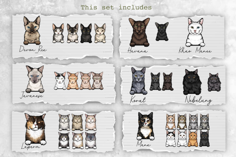 Peeking Cats, 27 Breeds & 131 Elements, Color Set 2