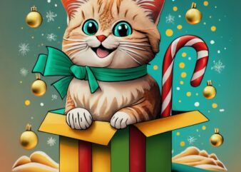 tshirt design of a cute and funny cat with a smile coming out of a gift box at christmas, christmas decoration PNG File