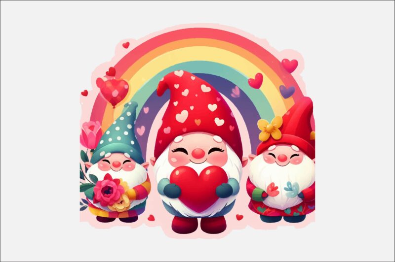 Gnome Valentines Day Rainbow PNG Bundle