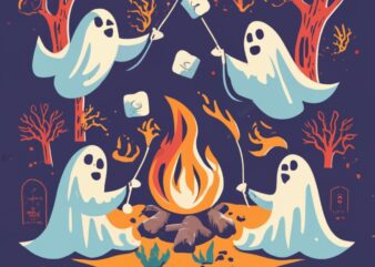 t-shirt design, 4 ghosts toasting marshmallows around a campfire PNG File