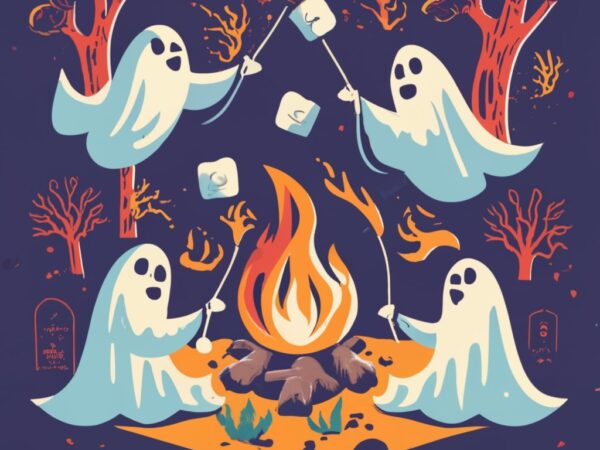 T-shirt design, 4 ghosts toasting marshmallows around a campfire png file