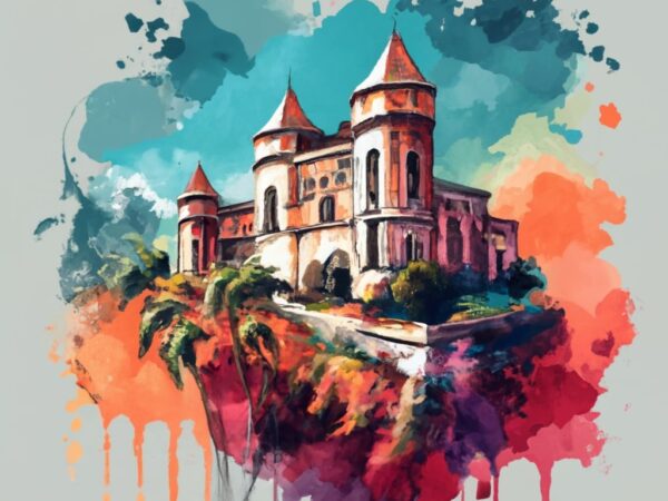 T-shirt design, citadelle laferiere with haïti s flag. watercolor splash, white, but with only a few red and blue eccents png file