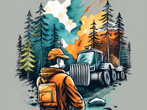 T-shirt design, forestry machine operator. 3d text “silvicultura”. watercolor splash png file