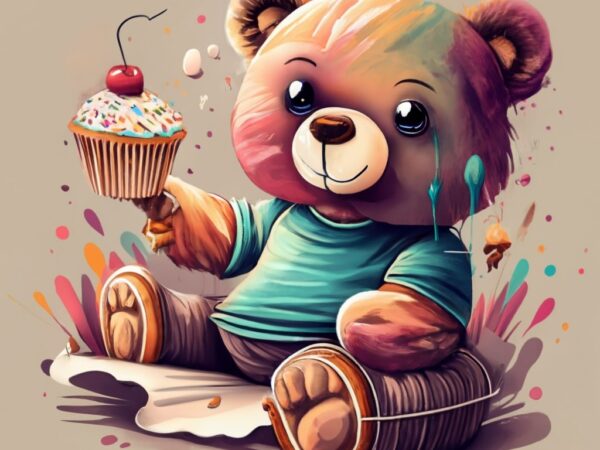 T-shirt design, minimalistic ink cartoon style, vanishing point on white paper,friendly teddy bear eat cupcake png file