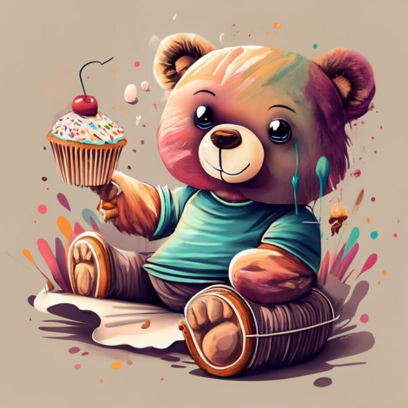 t-shirt design, minimalistic ink cartoon style, vanishing point on white paper,friendly teddy bear eat cupcake PNG File