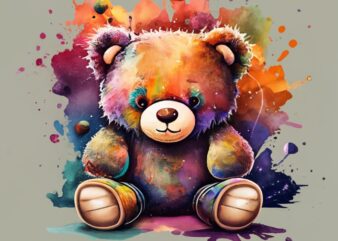 t-shirt design, minimalistic ink cartoon style, vanishing point on white paper,friendly teddy bear. watercolor splash PNG File