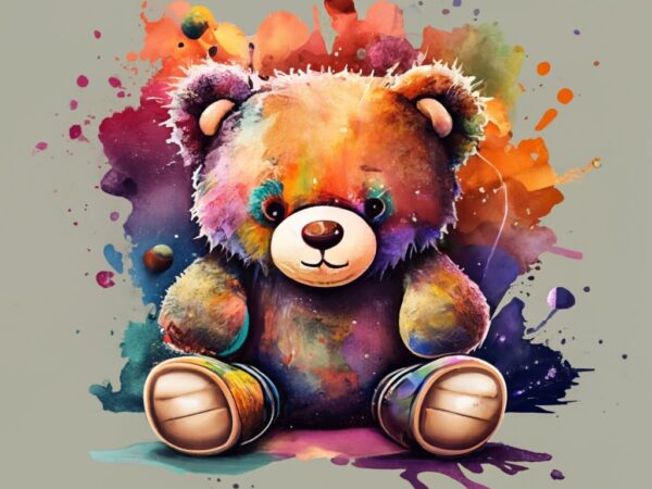 T-shirt design, minimalistic ink cartoon style, vanishing point on white paper,friendly teddy bear. watercolor splash png file