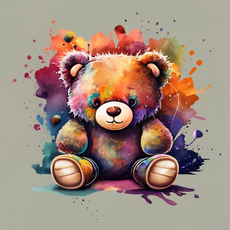 t-shirt design, minimalistic ink cartoon style, vanishing point on white paper,friendly teddy bear. watercolor splash PNG File