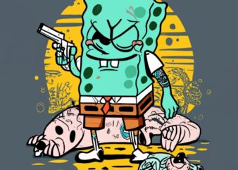 t-shirt design, gangster spongebob with tattoos and piercings holding a gun, standing in a parking lot, squirdward and mr crabs laying dead