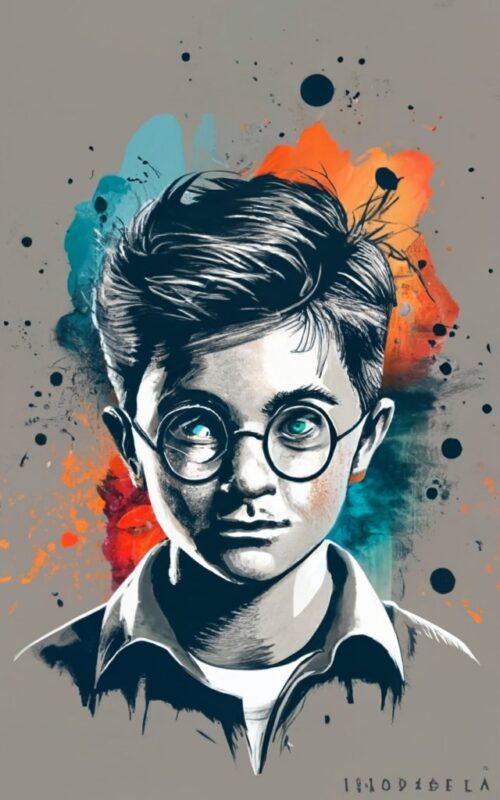 t-shirt design, minimalistic ink drawing style, vanishing point on white paper, Harry Potter boy with huge realistic soulful doe eyes PNG F