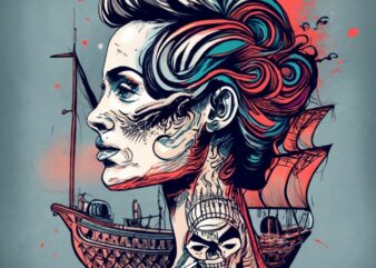 t-shirt design, beautiful tattooed woman has a sailing ship embedded in her updo with pearl accents PNG File