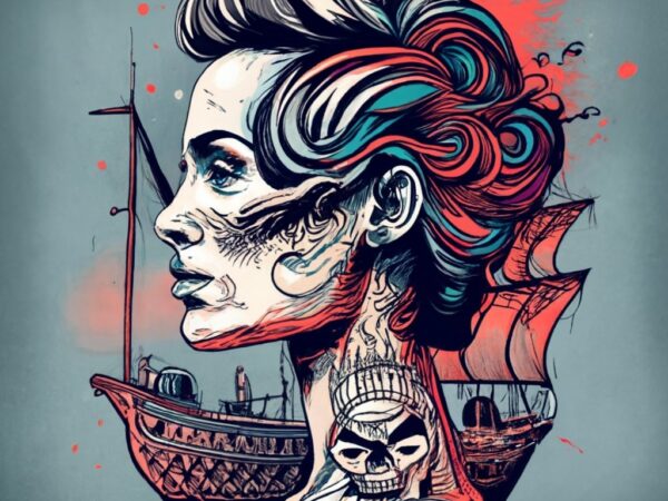 T-shirt design, beautiful tattooed woman has a sailing ship embedded in her updo with pearl accents png file