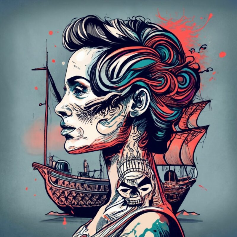 t-shirt design, beautiful tattooed woman has a sailing ship embedded in her updo with pearl accents PNG File