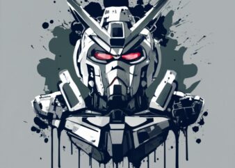 t shirt design of a Gundam in Inkblot Cartoon Style black and white PNG File