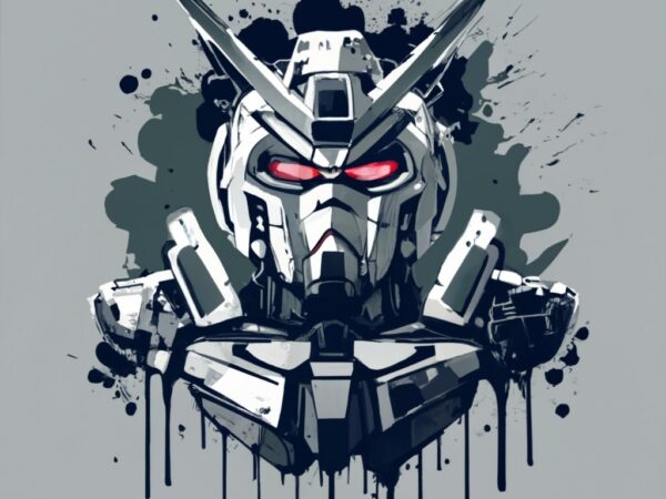 T shirt design of a gundam in inkblot cartoon style black and white png file