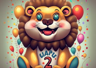 t-shirt design: a super cute happy lion with text “2” on belly, colorful balloons around, happy birthday style PNG File