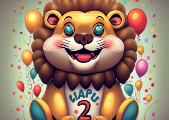 t-shirt design: a super cute happy lion with text “2” on belly, colorful balloons around, happy birthday style PNG File