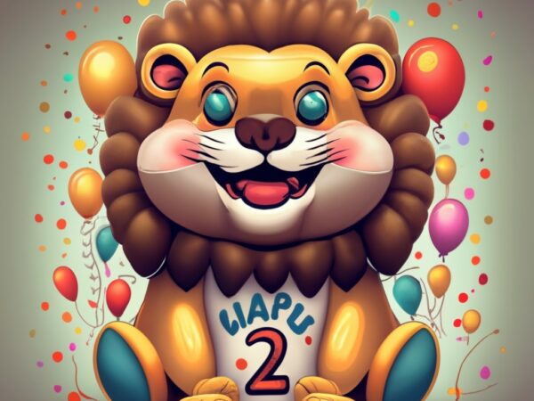 T-shirt design: a super cute happy lion with text “2” on belly, colorful balloons around, happy birthday style png file