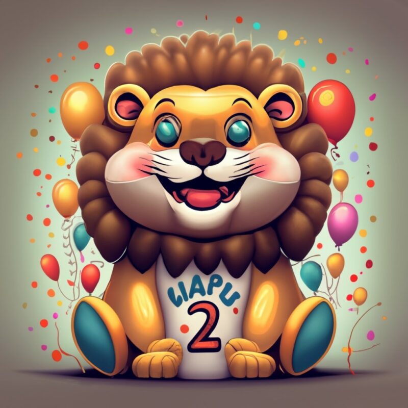 t-shirt design: a super cute happy lion with text “2” on belly, colorful balloons around, happy birthday style PNG File