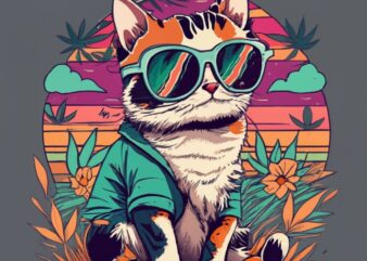 tshirt design cool, cannabis, vintage calico cat baby, retro sunset design PNG File