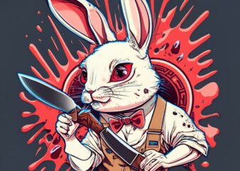 rabbit with knife in his hand and red eyes on splashed red paint heart background PNG File