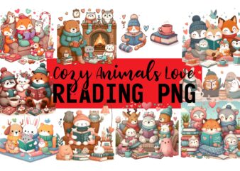 Cozy Animal Love Reading PNG Sublimation