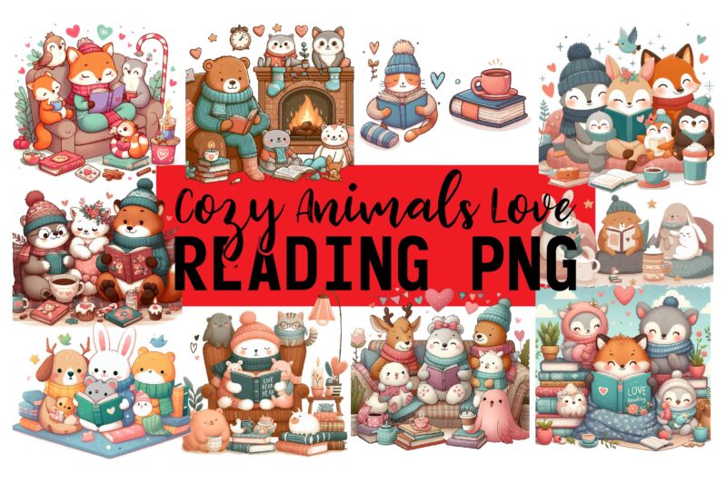 Cozy Animal Love Reading PNG Sublimation