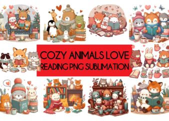 Cozy Animals Love Reading PNG Sublimation