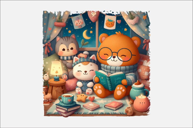 Cozy Animals Love Reading PNG Sublimation