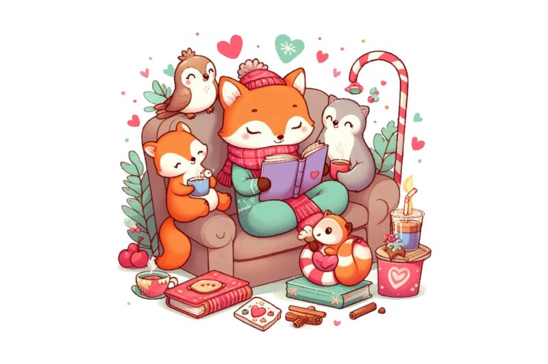 Cozy Animal Love Reading PNG Sublimation