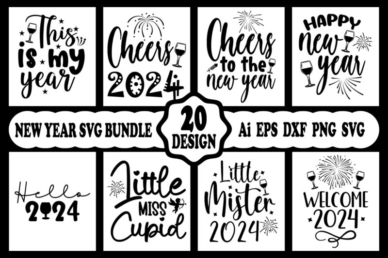 Happy new year 2024 shirt design bundle print template