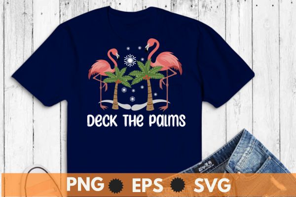 Deck the Palms Flamingo, Tropical Christmas Lights, t-shirt design vector, christmas, flamingo, lights, palms, tropical, deck, palm, tree,