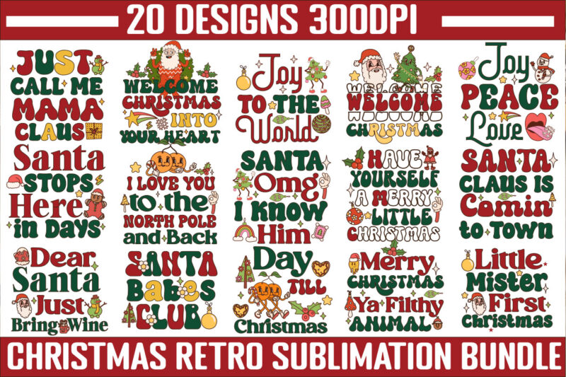 Retro Christmas PNG Sublimation Bundle,20 Designs,on Sell Design,Big Sell Design,Png Bundle,Christmas T-shirt Designs