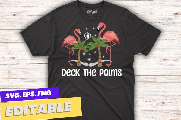 Deck the palms flamingo, tropical christmas lights, t-shirt design vector, christmas, flamingo, lights, palms, tropical, deck, palm, tree,