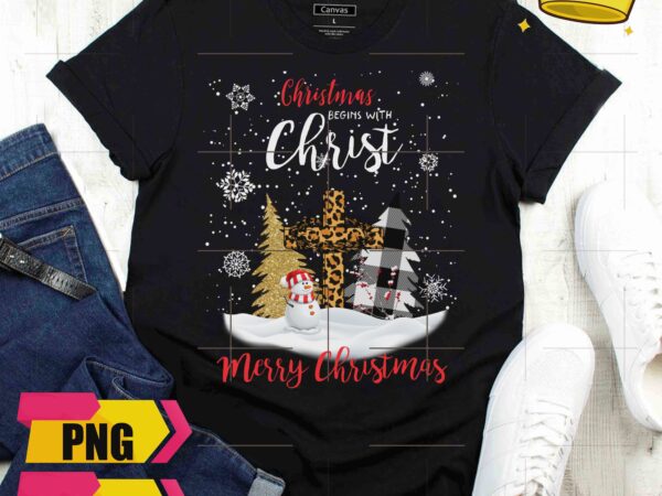 Jesus cross three christmas leopard fabric christmas begin with christ snow design png shirt