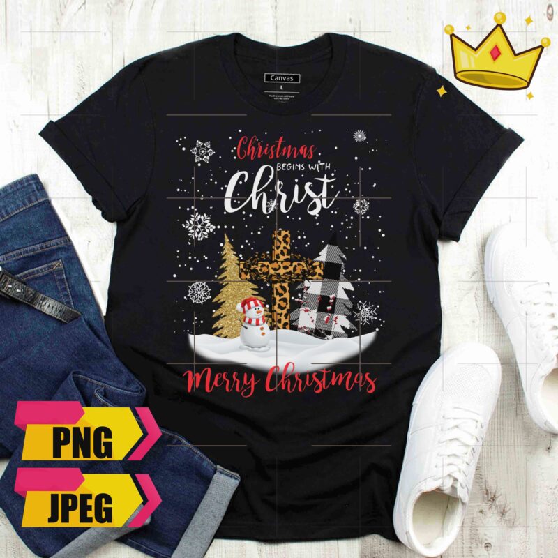Jesus Cross Three Christmas Leopard Fabric Christmas Begin With Christ Snow Design PNG Shirt