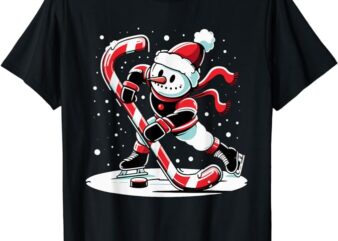 A snowman playing hockey with a candy cane hockey stick T-Shirt