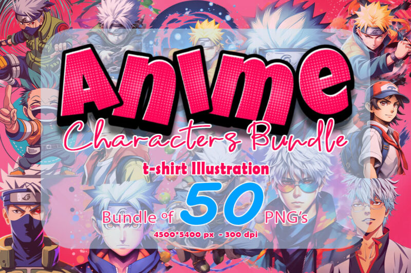 Anime Character Illustration 50 PNG tshirt design Bundle 2nd Version Clipart for Your T-Shirt crafted for Print on Demand websites