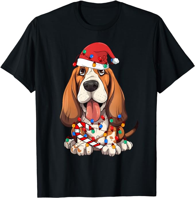 Basset Hound Santa Christmas Lights Dog Lover Xmas Pajama T-Shirt