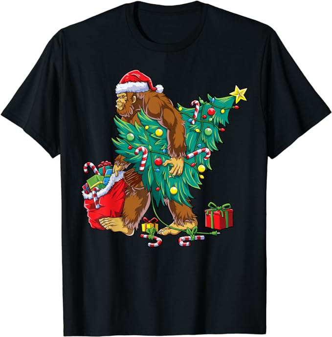 Bigfoot Christmas Tree Lights Xmas Boys Men Sasquatch Lovers T-Shirt