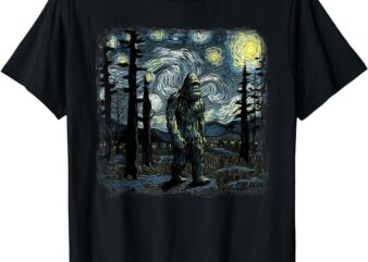 Bigfoot Starry Night Sasquatch Van Gogh Sky Painting Art T-Shirt
