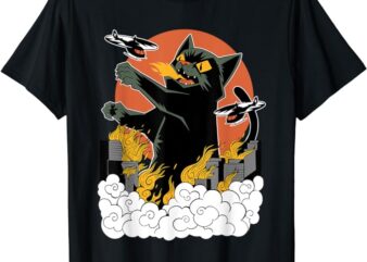 Black Japanese Catzilla Sunset T-Shirt – Classic Fit, Crew Neck, Cotton & Polyester Blend