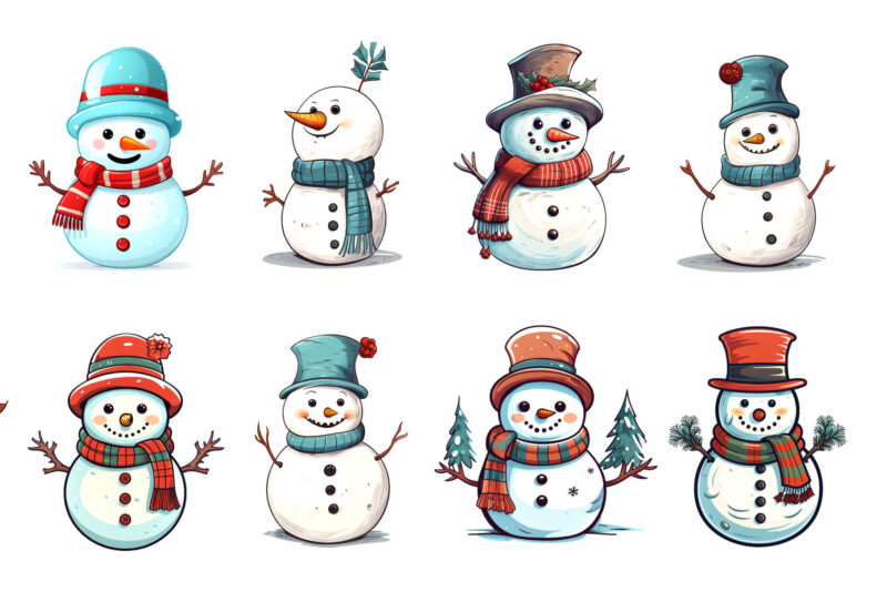 Cartoon Christmas Snowmans. PNG Bundle.