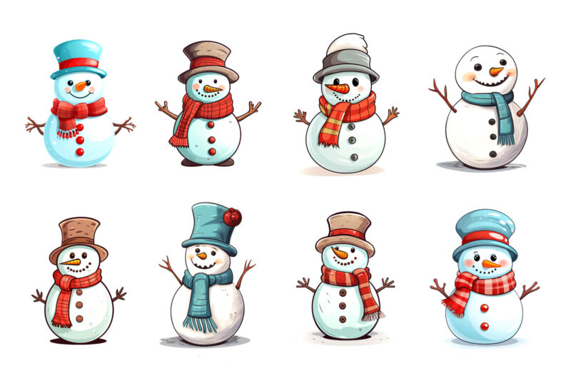 Cartoon Christmas Snowmans. PNG Bundle.