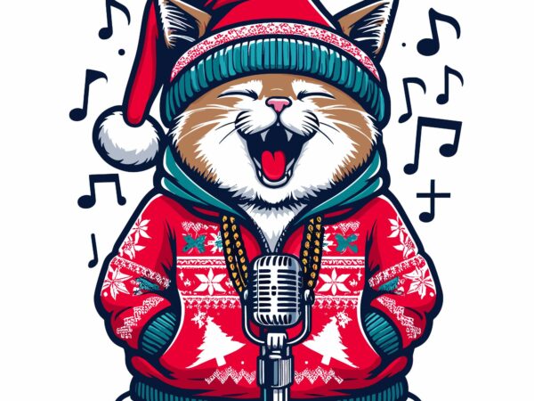 Cute cat christmas singing on holiday t shirt vector file