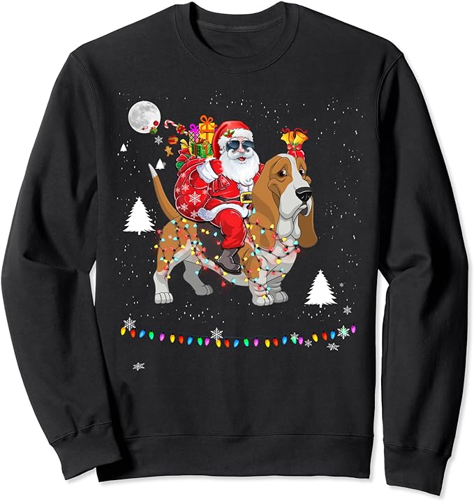 Christmas Santa Claus Riding Basset Hound Lights Holiday Sweatshirt